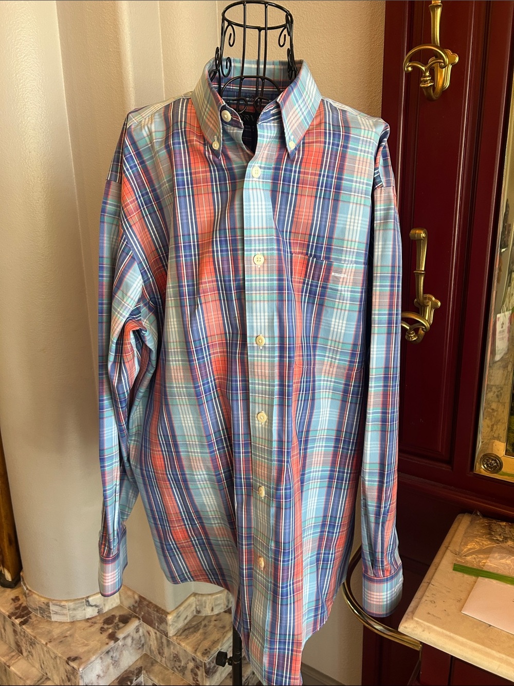 Orvis Men's Plaid Button-Down Shirt in Blue and Coral